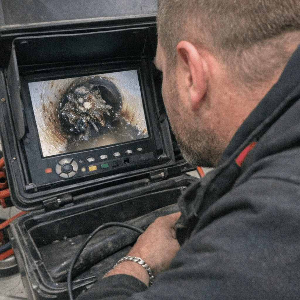 Techniker wertet Bilder der Rohrkamera-Inspektion aus