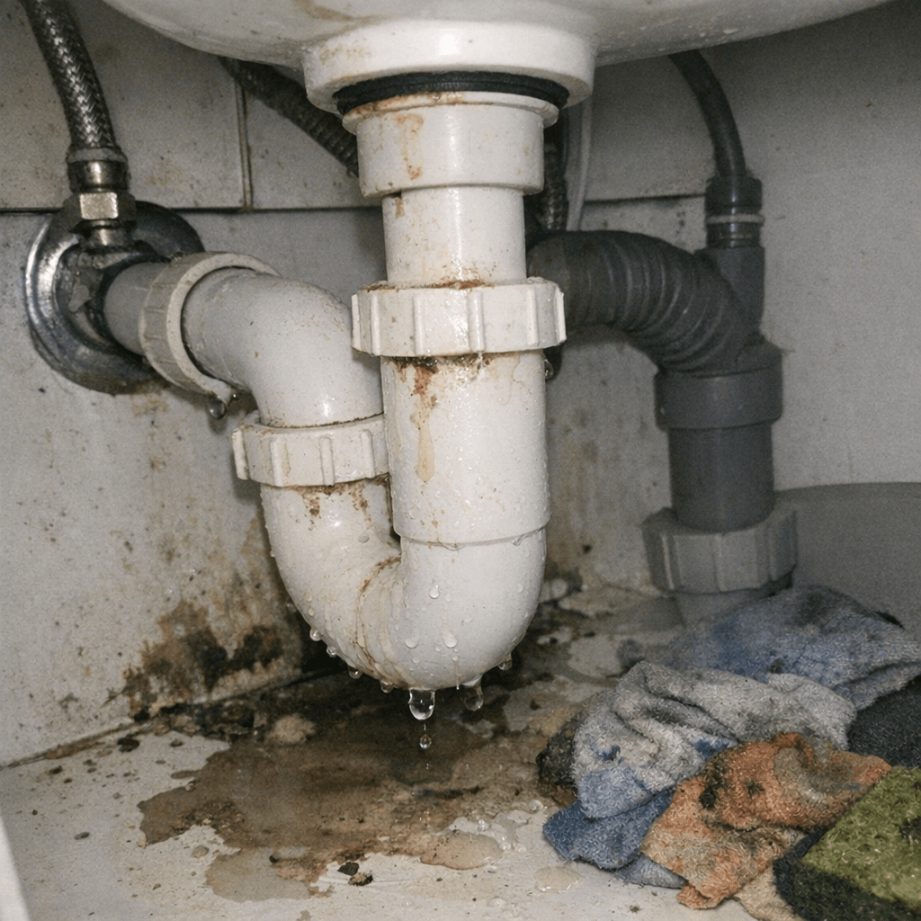 Detailansicht eines verstopften Siphons unter dem Waschbecken